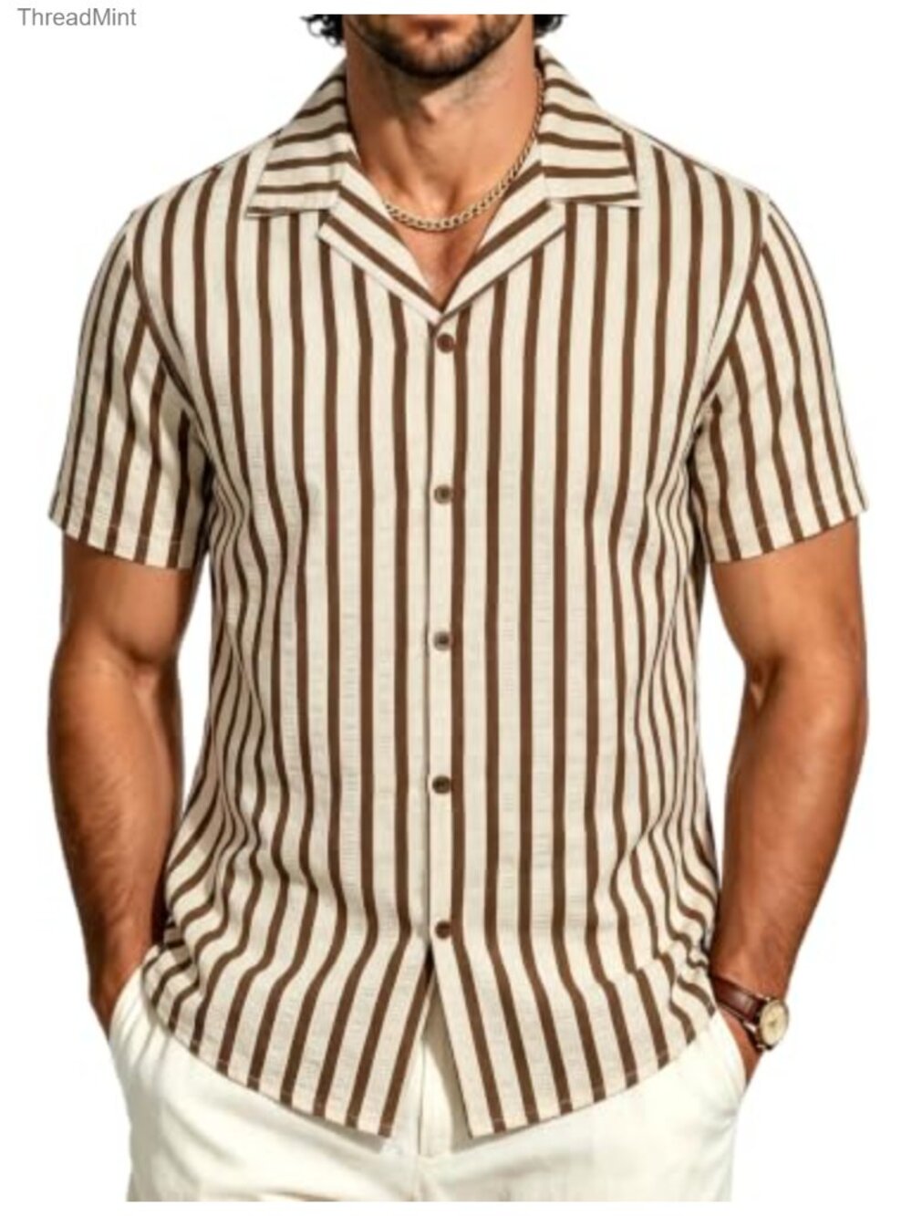 Striped Cuban Collar Short Sleeve Button Down Shirt Lightweight Cotton Blend